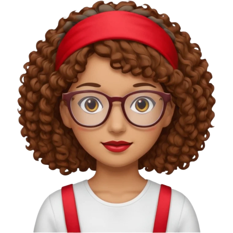 Mujer de piel canela, pelo marron y rizado, lentes y una cinta roja en la frente  emoji