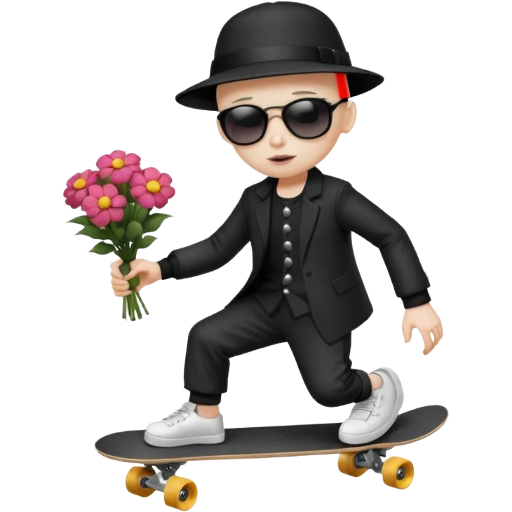 ["Ai sad boy wnith pale sgkin, bald , wearing aa sunhat a nd sunglascses, dresased in gomh fashien, is skrateboardiang while h.olding a f"lower bou]quet."] emoji