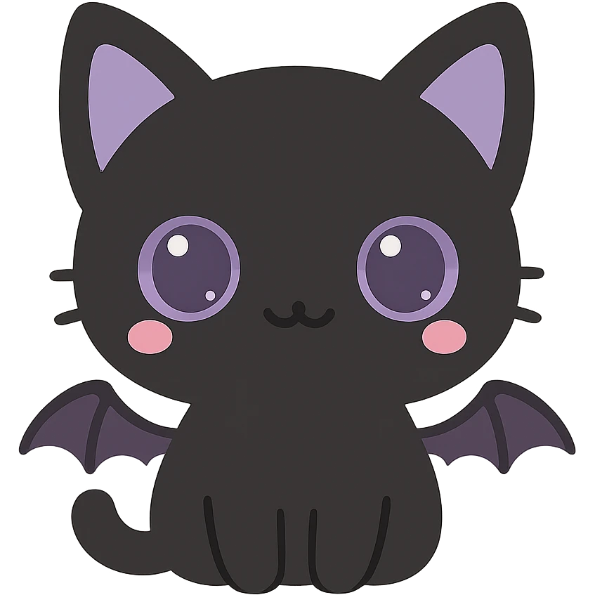 kawaii style gothic cat, cute face, black fur, purple eyes, tiny bat wings, playful and mysterious emoji
