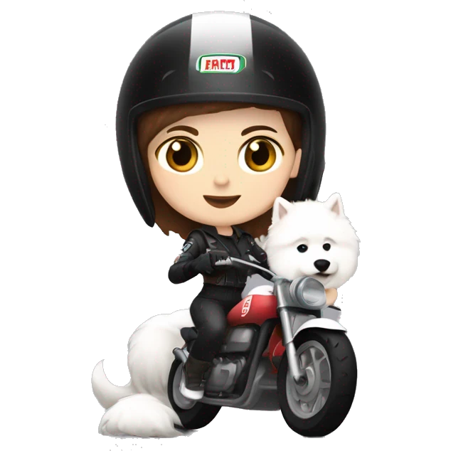 Girl biker white skin and brown short hair with a agv black helmet hugging a white Samoyed emoji