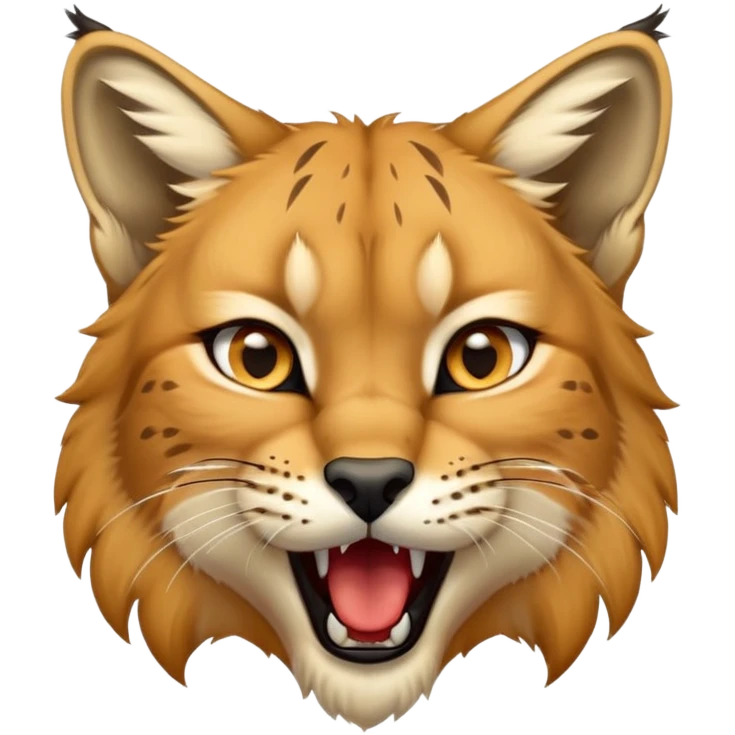 Cinematic-detailed-Yawning-Lynx-Portrait-Emoji – Head tilted slightly with a dramatic, wide-open yawn, revealing a sleek golden-brown fur coat with subtle spots, signature black ear tufts standing tall, round amber eyes barely open in drowsy contentment. emoji