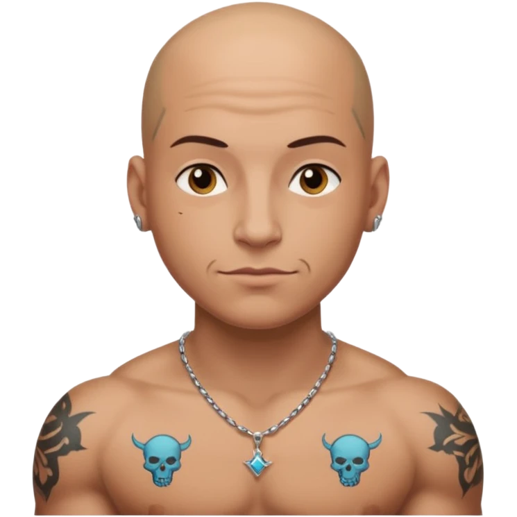 a bald head wearing necklace, having tattoo emoji