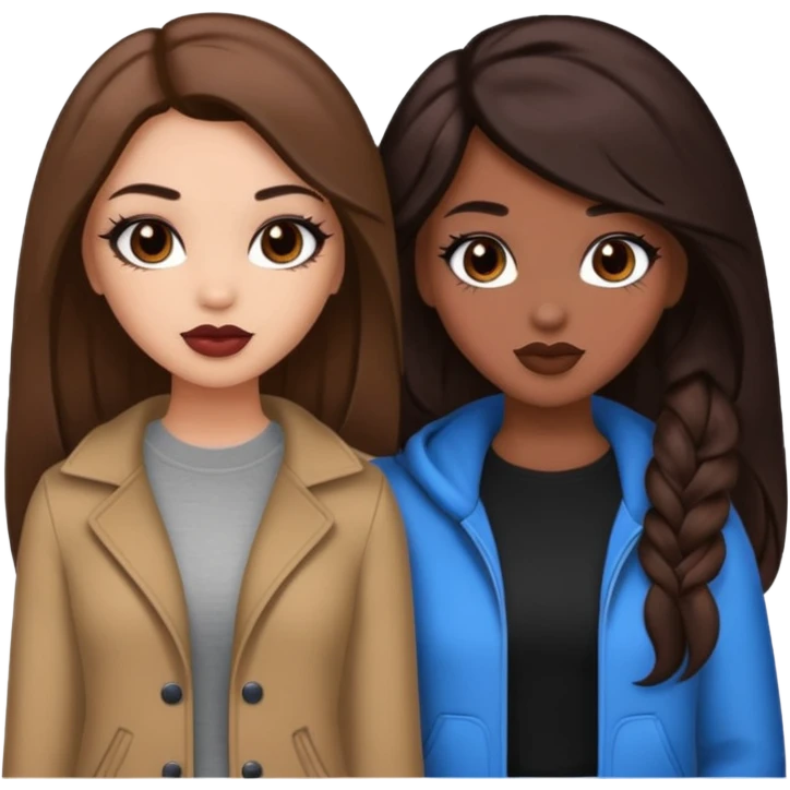 Boujy baddie best friends, trendy heavy makeup both dark hair one light skinned and one mocha brown pretty hair style  emoji