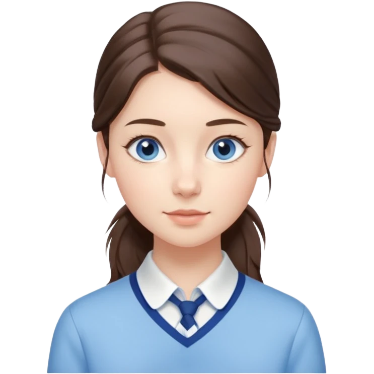 Realistic Student Portrait, with porcelain-like skin featuring a natural rosy flush, illuminated by soft lighting that highlights the gentle contours of her face. Her Brunette pony tail hair flows in soft, Her deep blue eyes radiate warmth and innocence,  wear light blue preppy style. emoji