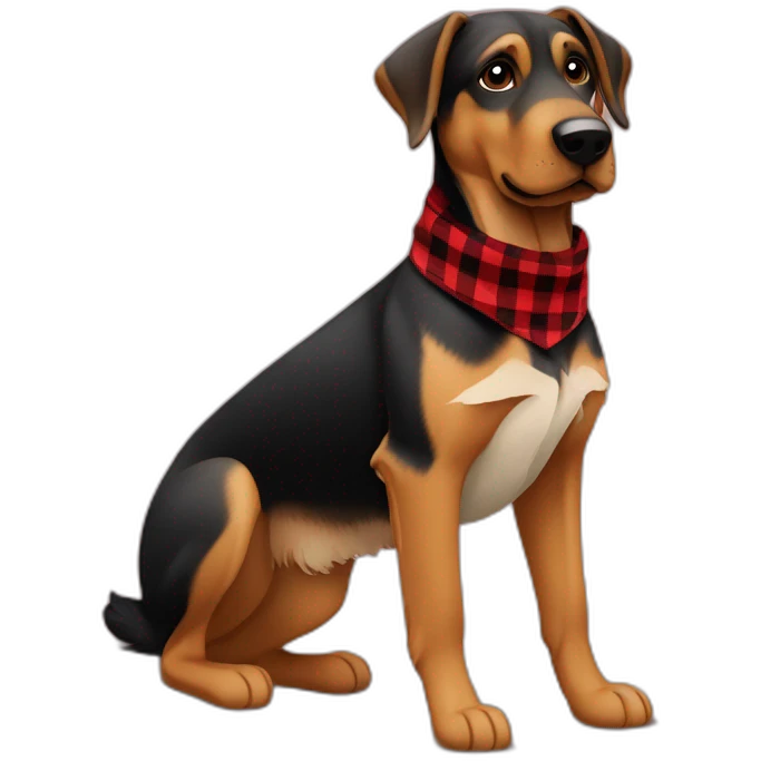 75% Coonhound 25% German Shepherd mix dog wearing small pointed red buffalo plaid bandana side view full body facing left emoji