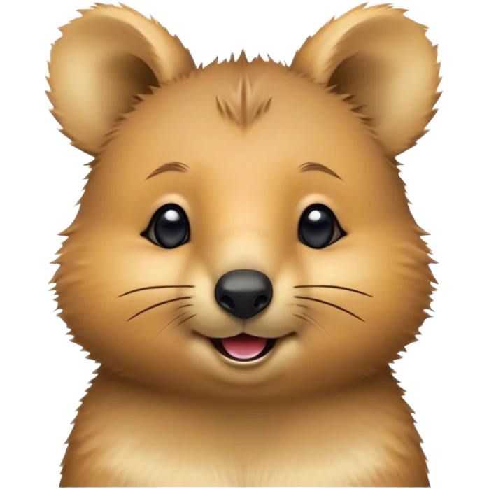 Cinematic Cute Quokka Portrait Emoji, Head tilted playfully and inquisitively, featuring a fluffy, round face with a naturally cheerful grin and bright, sparkling eyes full of playful curiosity, Simplified yet irresistibly adorable features, highly detailed, glowing with a warm, friendly glow, high shine, affectionate and spirited, stylized with a touch of Aussie whimsy, bright and endearing, soft glowing outline, capturing the essence of a mischievous yet loving quokka, so playful it feels like it could scamper out of the screen and into your arms! emoji