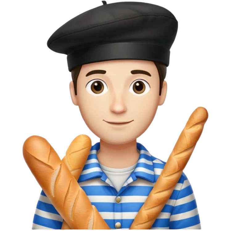 French man with blue and white striped shirt, black beret, holding a baguette emoji