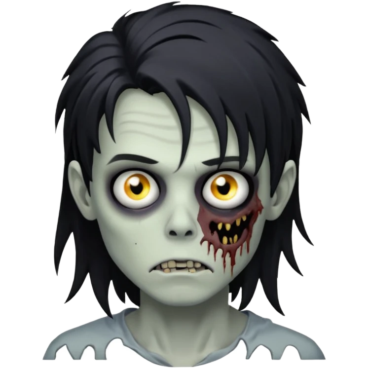Zombie Boy with black long messy hair and teenager aparience, black background emoji