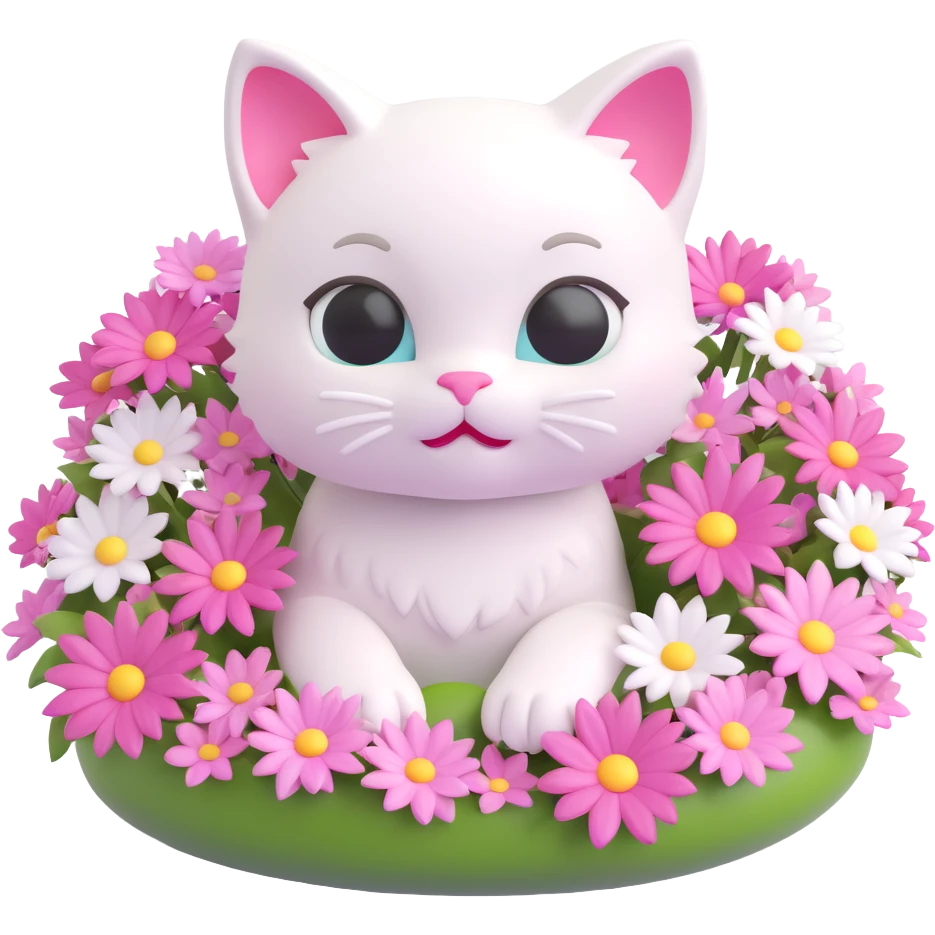 Add more pink flowers around the floating white kitten, in 3D iOS emoji style with soft gradients and glossy finish, no background. emoji
