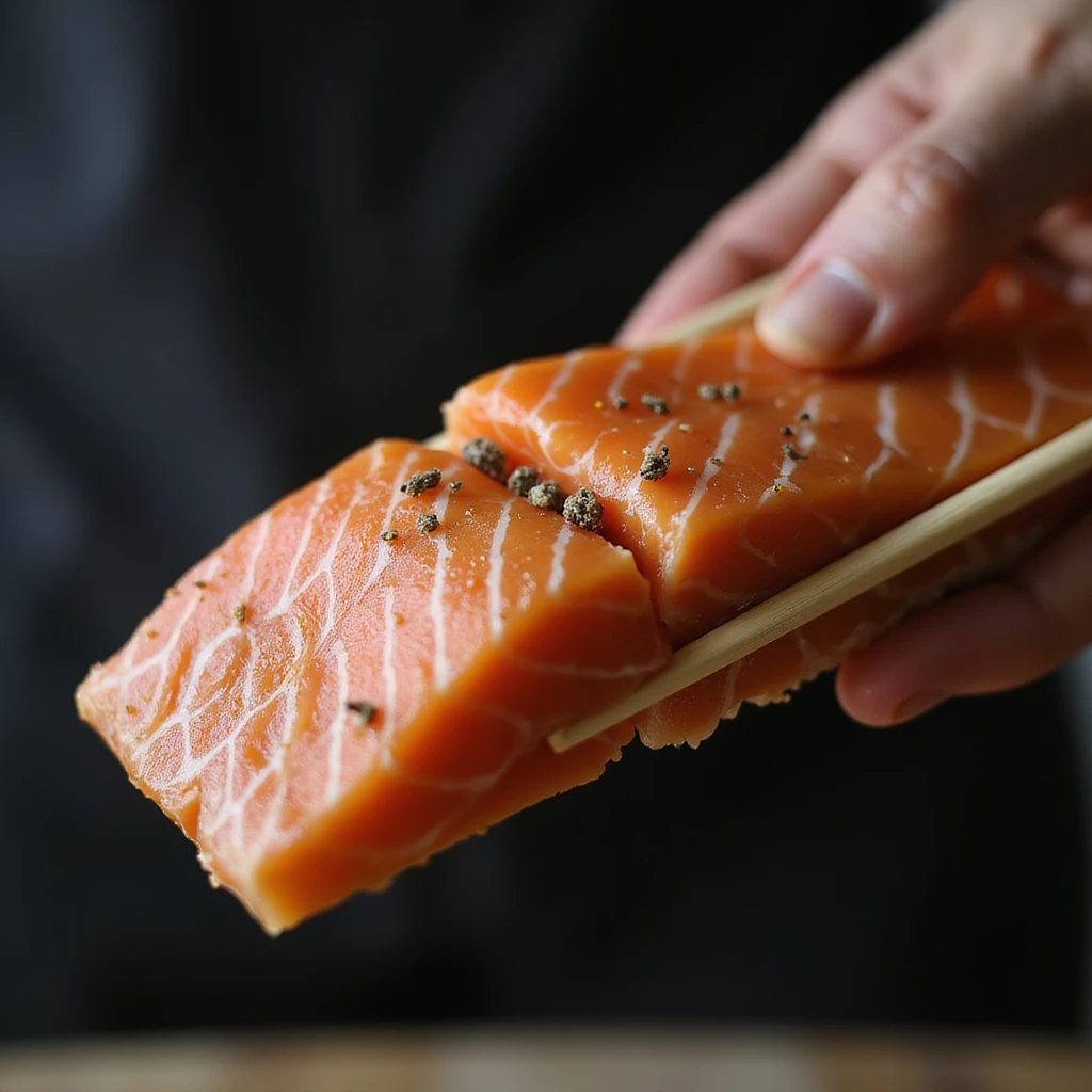 man holding a slice of raw salmon with chopsticks, the fish meat showing parasites inside, realistic 4K style emoji