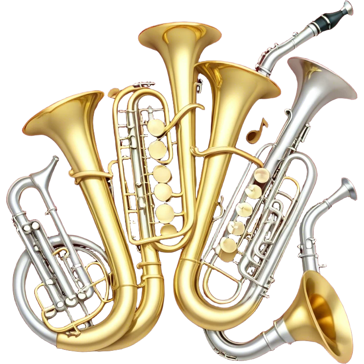 Create a festive and elegant emoji collage featuring a bouquet or fan of brass instrument bells (trumpets, saxophones, trombones, etc.) arranged in a radiant, symmetrical pattern. The instruments should have polished, golden and silver finishes, with their large, shiny bells forming a beautiful, fan-like display. Include a flowing ribbon of musical notes swirling through the center, conveying movement and melody. The background should feature a deep red velvet texture, adding a touch of luxury and sophistication. The overall composition should be balanced, with an elegant and regal feel, with a transparent background to keep focus on the instruments and musical elements. emoji