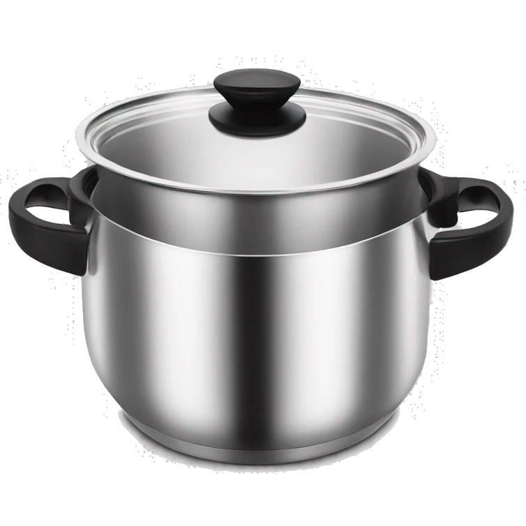 “Royal Prestige” Stainless steel pot with black handlers, food inside. emoji