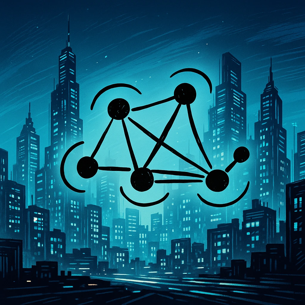 Add a futuristic city background, keep the hand-drawn neural network diagram as the main subject, maintain doodle style emoji