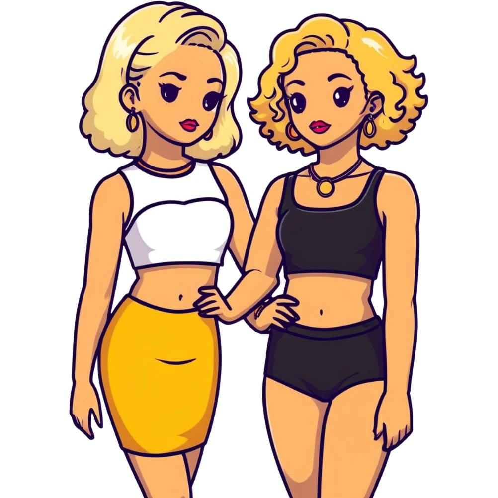 Full body of two teenage girls standing together, one white with straight blonde hair and one brown-skinned with curly black hair, both with heavy makeup, big lips, crop tops, gold jewelry and flashy choni style outfits emoji