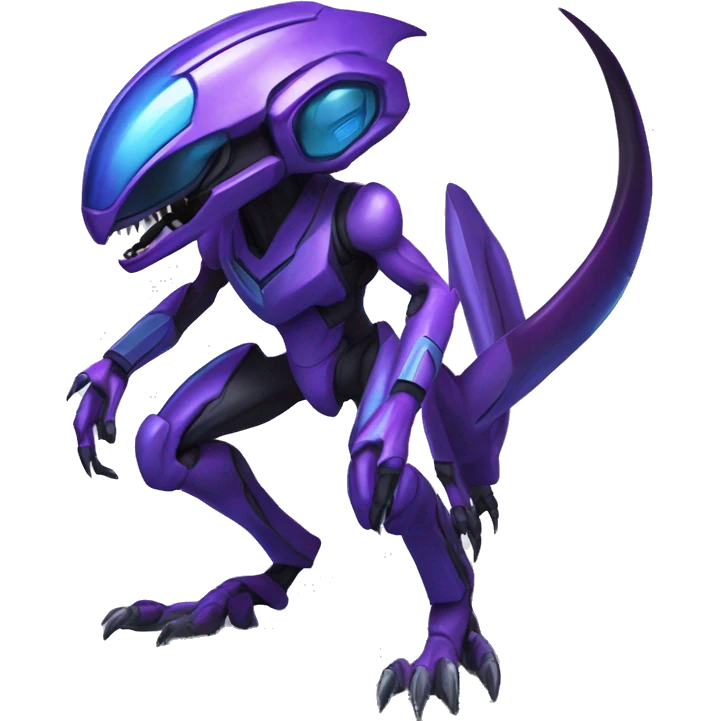 a black-blue-purple Genesect-Raptor-Fakémon—hybrid with a futuristic visor-helmet full body emoji