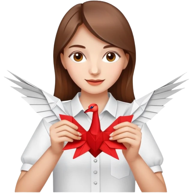 A happy Ukrainian young girl with brown hair in a white embroidered shirt makes an origami red crane craft emoji
