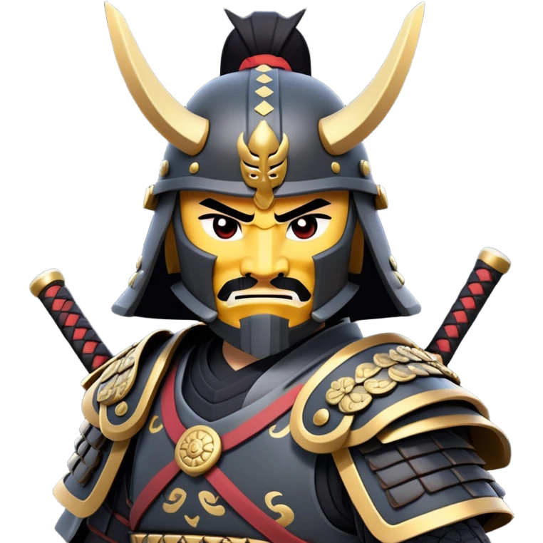 clash-of-clans-aesthetic_-cinematic-fearsome-and-majestic-samurai-bust-portrait-emoji, rendered in a flat, vector-style with minimal shading and bold, simplified shapes typical of emoji art, depicting a battle-hardened samurai with black mask and traditional black Japanese armor. The samurai is riding a noble grey warhorse adorned with an intricately designed saddle and fluttering banners and a rising sun. a samurai on a   horse emoji
