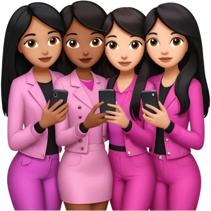3 brown girl friends with a phone on their hand, one with black long hair light skin,  one with brown hair long and the other one with black with brown medium length hair . Wearing pink glammed up and hugging  emoji