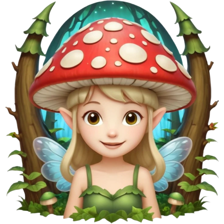 mushroom fairy portrait, head and shoulders only, wearing a large mushroom cap hat, tiny glowing wings visible behind shoulders, cute magical smile, forest fantasy vibe, 3D cartoon, mobile game icon style, clean background, no text, no watermark

 emoji
