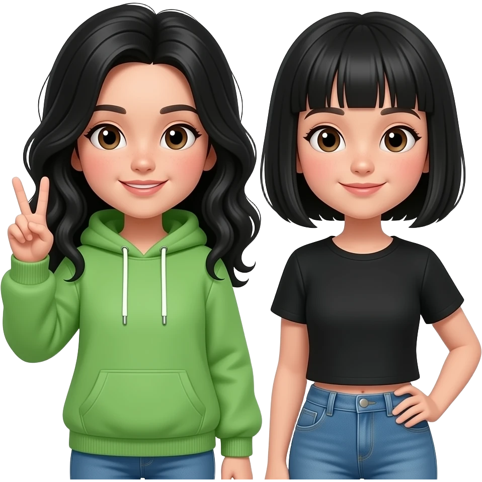 a girl w green hoddie, black wavy tall hair w making the ✌🏻 another girl w black short hair n bangs emoji