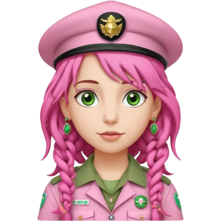 very pretty girl big green eyes, scout girl with pretty pink uniform, pink dreadlocks, and big earrings and scouts hat emoji