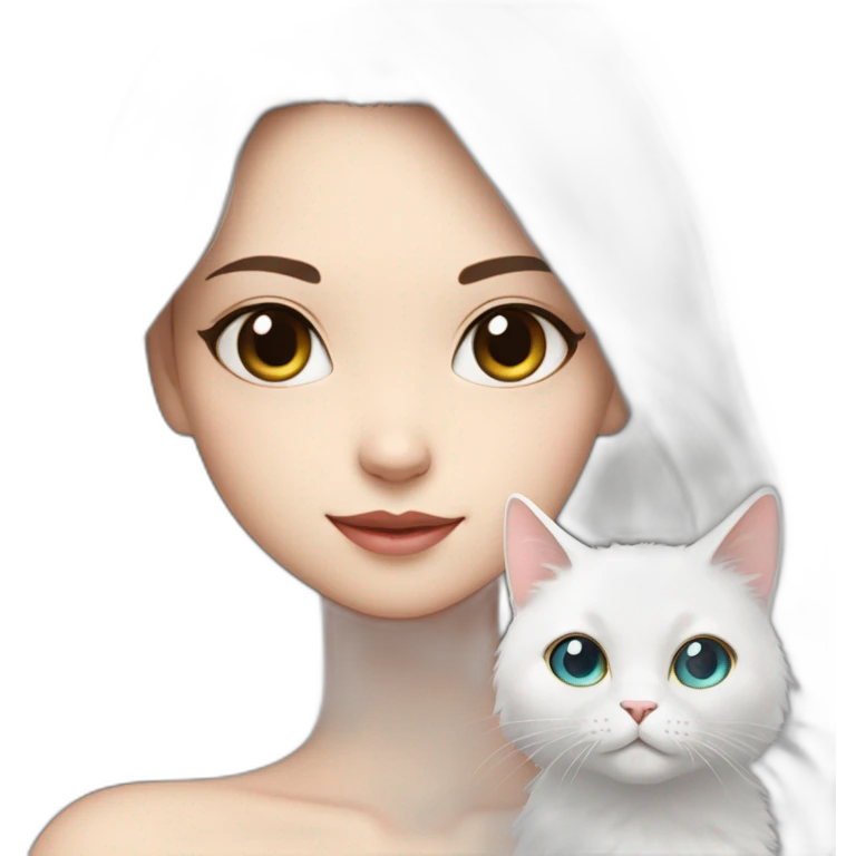 A girl with long dark hair and on her left shoulder and neck lies a white fluffy cat with eyes of different colors emoji