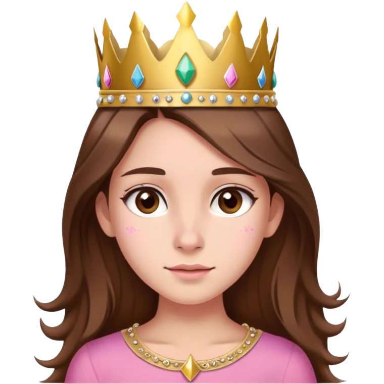 girl with brown long hair, brown eyes, pink top, gold crown, subtle birthmark left of nose, festive birthday look emoji