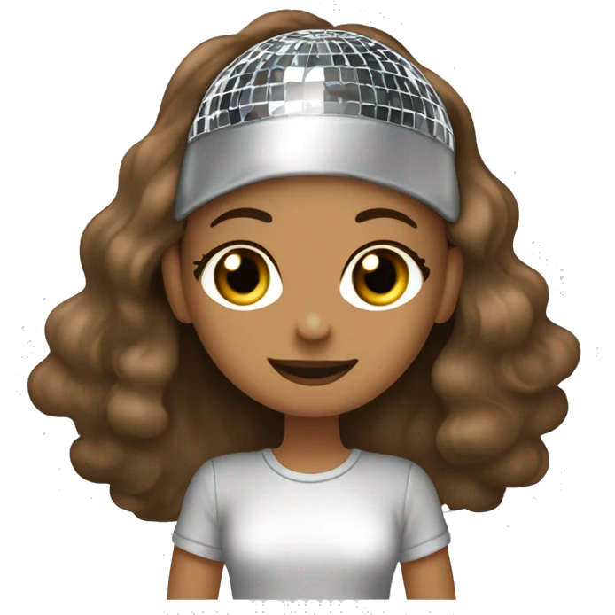 A girl wearing a disco ball, ￼ T-shirt ￼ With long, brown, darkest,  ￼wavy hair,  emoji