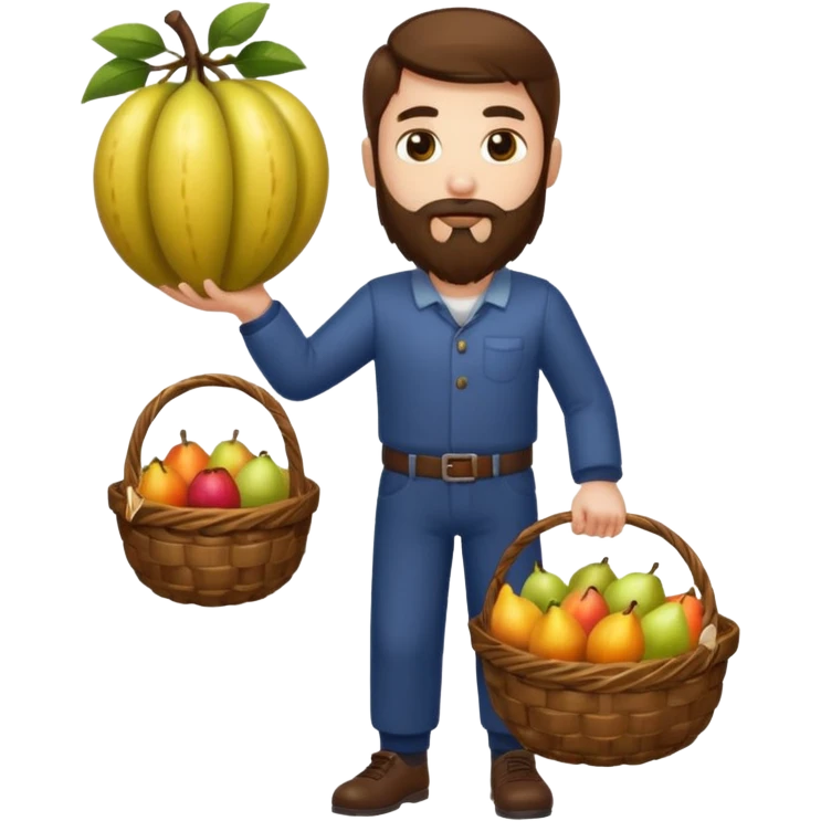 full body man long brown hair brown eyes medium beard white skin holding basket of strange glowing fruits emoji