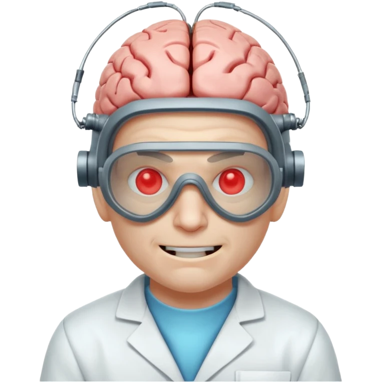 mutant scientist portrait, head and shoulders only, exposed glowing brain, broken goggles, evil smile, mad lab vibe, 3D cartoon, mobile game icon style, clean background, no text, no watermark

 emoji