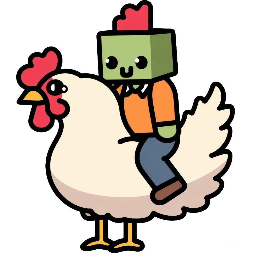 Minecraft chicken jockey - a small pixelated baby zombie riding on top of a white chicken, blocky style emoji