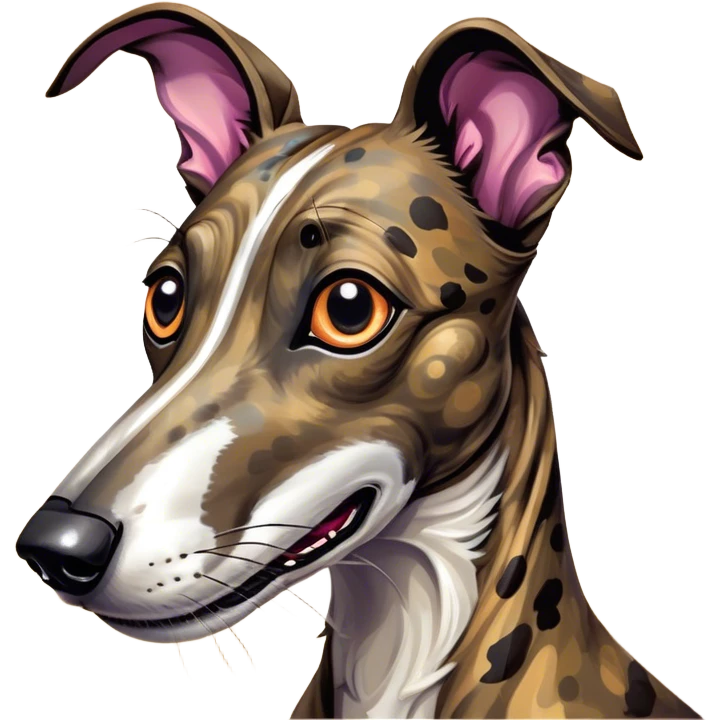 Cinematic Comical Brindle Greyhound Portrait Emoji, Head tilted dramatically with an exaggeratedly amused expression, featuring a striking brindle Fur with bold patterns, wide, expressive eyes filled with playful disbelief, Simplified yet hilariously expressive features, highly detailed, glowing with a slightly sassy glow, high shine, dramatic yet playful, stylized with an air of cheeky mischief, bright and endearing, soft glowing outline, capturing the essence of a spirited and over-the-top racer, so meme-worthy it feels like it could side-eye its way into internet fame instantly! emoji