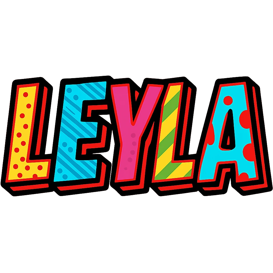 creative and eye-catching wordmark of the name LEYLA in vibrant colorful pop art style emoji