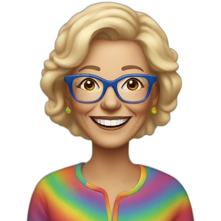 sixty year old woman, blonde hair, frame glasses, hand painted clothes, rainbow, smile emoji