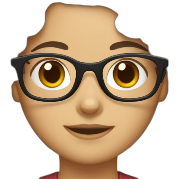 girl with short shoulder-length hair, brown with some gray hair, curly hair, red maroon glasses emoji