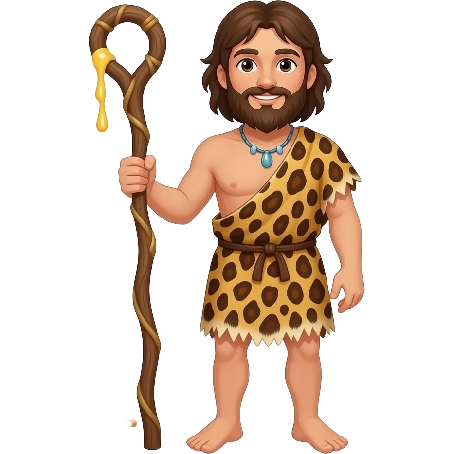 John the Baptist full bodied man with a beard and primitive look, dressed in wild animal prints, holding a staff and has wild honey and grasshoppers with him for eating emoji