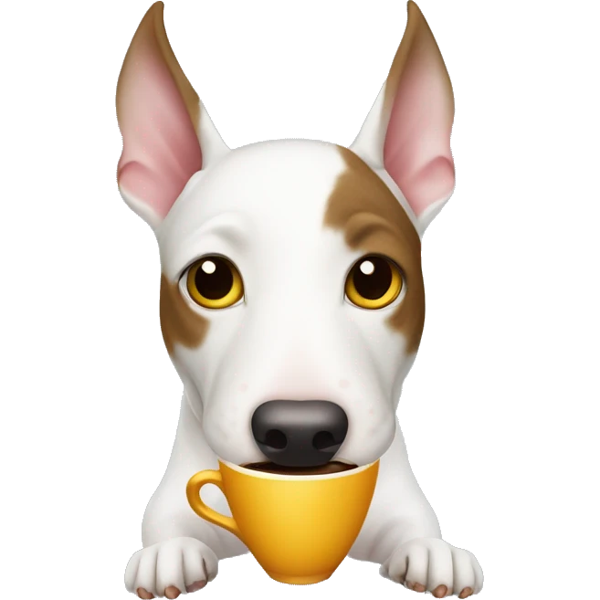 White bull terrier dog holding a coffee emoji