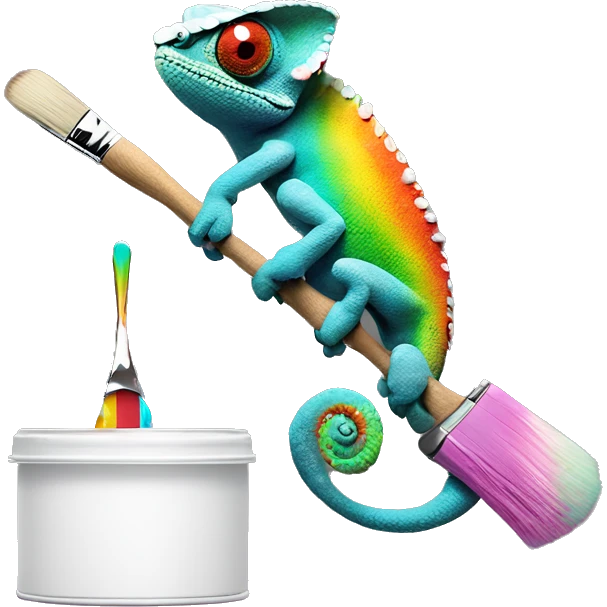 Rainbow Chameleon sits on a brush with paint emoji