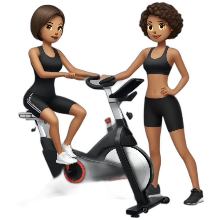 realistic exercise bike and one girl with short hair in black sportswear emoji
