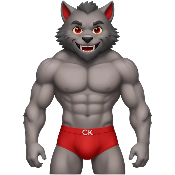 muscular werewolf wearing red Calvin Klein style briefs, funny emoji style emoji