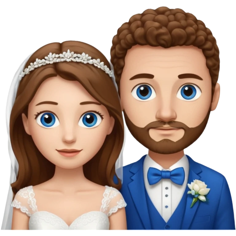 wedding couple, woman has long straight brown hair and blue eyes, man has short light brown curly hair and facial hair with blue eyes emoji