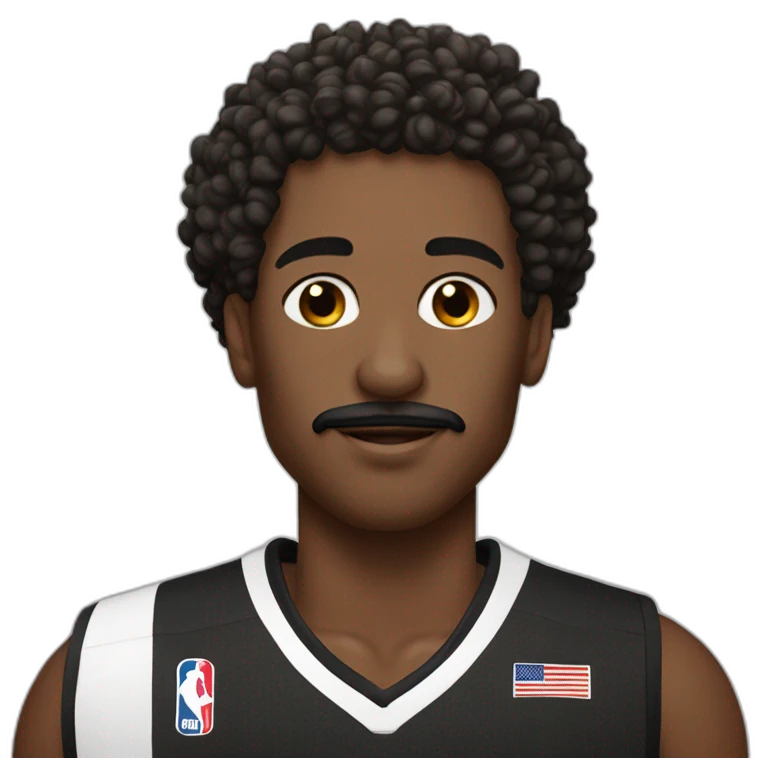 black basketball player with moustache curly hair and headband wearing black and white jersey holding the book emoji