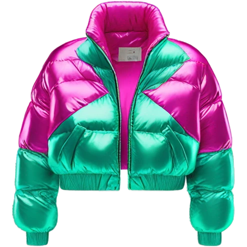 Realistic isolated side view of an open metallic hot pink cropped puffer jacket and metallic mint green sports bra underneath the jacket. emoji