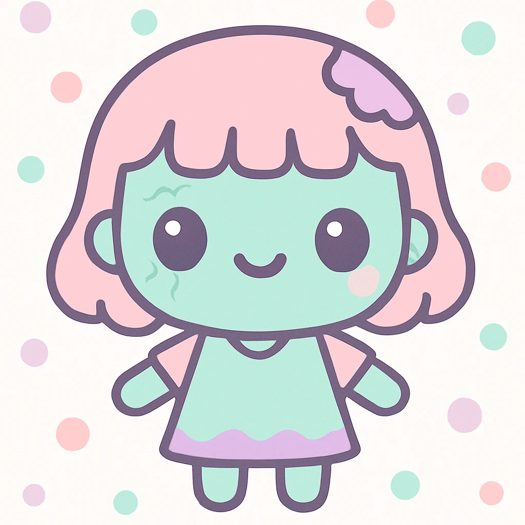 garota zumbi com franja, estilo kawaii, expressão fofa, detalhes de zumbi emoji