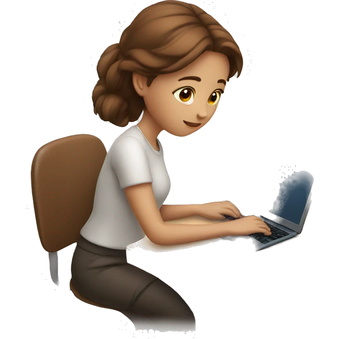 white skinned girl with brown hair working in laptop and writing emoji