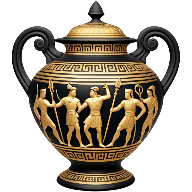 Cinematic-realistic Grecian urn, an exquisite black-figure pottery masterpiece resting in the dim glow of an ancient temple. Intricate golden depictions of two warrior fighting with spears and warriors encircle its curved form, telling timeless myths of heroism and tragedy.  emoji