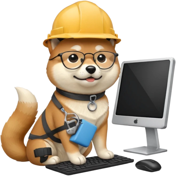 shiba inu with eye glasses and computer wearing a hard hat emoji