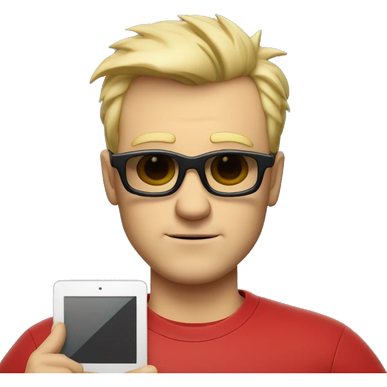 Nerdy middle aged white man with short blond spiky hair looking confused and wearing sunglasses and a red tee shirt holding an electronic tablet emoji