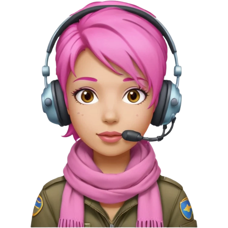 Jet Queen Mia – bubble-gum-hair pilot wearing a headset and pink scarf emoji