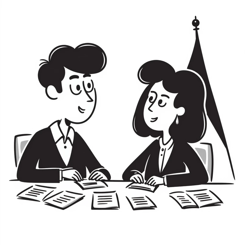 A diplomat negotiating at a conference table with documents and a flag emoji